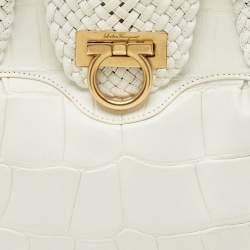 Pre Owned حقيبة سالفatori فيراغامو ماريسا منقوشة جلد أبيض كروك