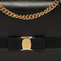 Pre Owned Salvatore Ferragamo Vara Bow Chain Black Leather Shoulder Bag