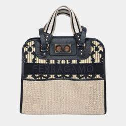 Pre Owned Salvatore Ferragamo Beige, Black Leather and Raffia tote and shoulder bag