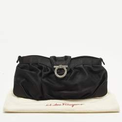 Pre Owned Salvatore Ferragamo Gancini Crystal Embellished Black Satin Clutch