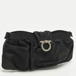 Pre Owned Salvatore Ferragamo Gancini Crystal Embellished Black Satin Clutch