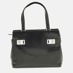 Pre Owned Salvatore Ferragamo Gancini Black Smooth Leather Tote