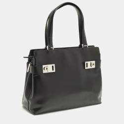 Pre Owned Salvatore Ferragamo Gancini Black Smooth Leather Tote