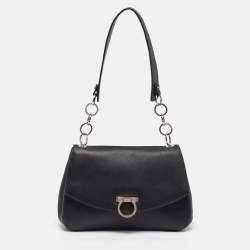 Pre Owned Salvatore Ferragamo Gancini Flap Black Leather Shoulder Bag