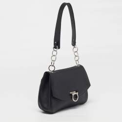 Pre Owned Salvatore Ferragamo Gancini Flap Black Leather Shoulder Bag