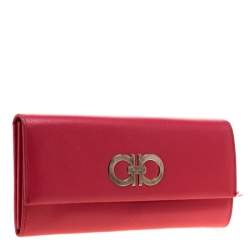 Pre Owned Salvatore Ferragamo Pink Double Gancio Leather Continental Wallet