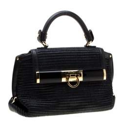 Pre Owned Salvatore Ferragamo Black Raffia and Leather Small Sofia Satchel