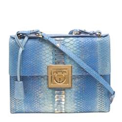 Pre Owned Salvatore Ferragamo Blue/Gold Python Gancio Lock Shoulder Bag