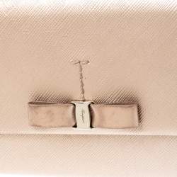 Salvatore Ferragamo Beige Metallic Leather Bow Continental Wallet