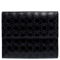 Pre Owned Salvatore Ferragamo Black Signature Leather Flap Compact Wallet