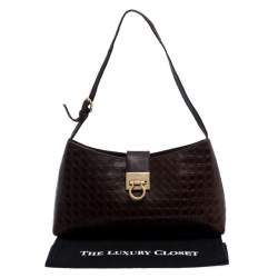 Pre Owned Salvatore Ferragamo Brown Gancini Embossed Leather Shoulder Bag