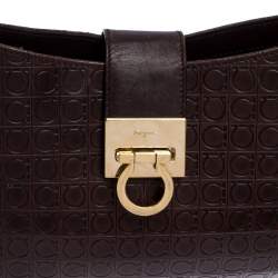 Pre Owned Salvatore Ferragamo Brown Gancini Embossed Leather Shoulder Bag