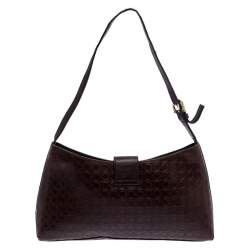 Pre Owned Salvatore Ferragamo Brown Gancini Embossed Leather Shoulder Bag