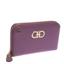 Pre Owned Salvatore Ferragamo Pink Leather Double Gancio Zip-Around Wallet on Chain 