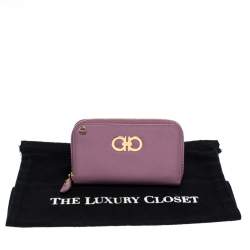 Pre Owned Salvatore Ferragamo Pink Leather Double Gancio Zip-Around Wallet on Chain 