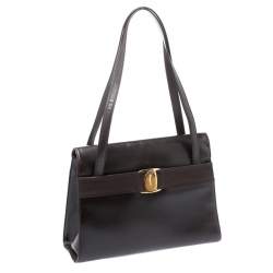 Pre Owned حقيبة يد سالفاتوري فيراغامو قلاب جلد بني داكن