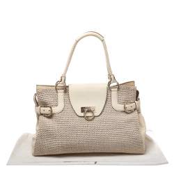 Pre Owned Salvatore Ferragamo Cream Woven Straw and Lizard Embossed Leather Satchel