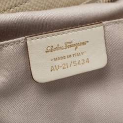 Pre Owned Salvatore Ferragamo Cream Woven Straw and Lizard Embossed Leather Satchel