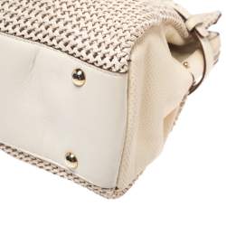 Pre Owned Salvatore Ferragamo Cream Woven Straw and Lizard Embossed Leather Satchel