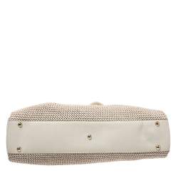 Pre Owned Salvatore Ferragamo Cream Woven Straw and Lizard Embossed Leather Satchel