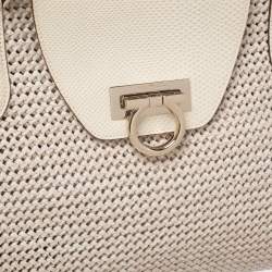 Pre Owned Salvatore Ferragamo Cream Woven Straw and Lizard Embossed Leather Satchel