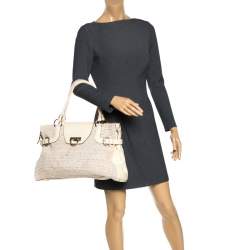 Pre Owned Salvatore Ferragamo Cream Woven Straw and Lizard Embossed Leather Satchel