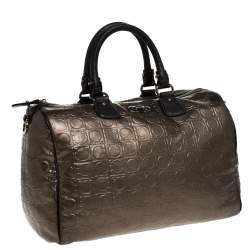 Pre Owned Salvatore Ferragamo Metallic Brown Gancini Embossed Leather Boston Bag