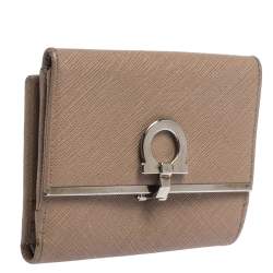 Salvatore Ferragamo Beige Leather Gancini Clip Compact Wallet