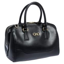 Pre Owned Salvatore Ferragamo Black Leather Gancini Boston Bag