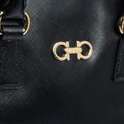 Pre Owned Salvatore Ferragamo Black Leather Gancini Boston Bag