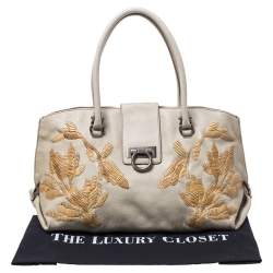 Pre Owned Salvatore Ferragamo Ivory Embroidered Leather Sofia Satchel