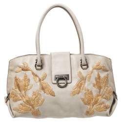 Pre Owned Salvatore Ferragamo Ivory Embroidered Leather Sofia Satchel