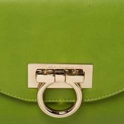 Pre Owned Salvatore Ferragamo Green Leather Gancini Flap Shoulder Bag