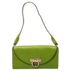 Pre Owned Salvatore Ferragamo Green Leather Gancini Flap Shoulder Bag