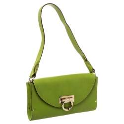 Pre Owned Salvatore Ferragamo Green Leather Gancini Flap Shoulder Bag