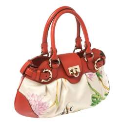 Pre Owned Salvatore Ferragamo Multicolor Printed Satin and Leather Mini Marisa Satchel