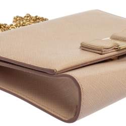 Pre Owned Salvatore Ferragamo Powder Pink Leather Vara Bow Chain Shoulder Bag