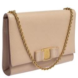 Pre Owned Salvatore Ferragamo Powder Pink Leather Vara Bow Chain Shoulder Bag