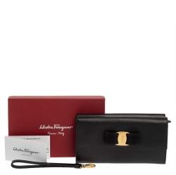 Pre Owned Salvatore Ferragamo Black Leather Vara Bow Double Flap Continental Wallet