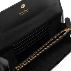 Pre Owned Salvatore Ferragamo Black Leather Vara Bow Double Flap Continental Wallet