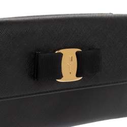 Pre Owned Salvatore Ferragamo Black Leather Vara Bow Double Flap Continental Wallet