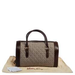 Pre Owned Salvatore Ferragamo Brown/Grey Quilted Wool and Leather Boston Duffle Bag