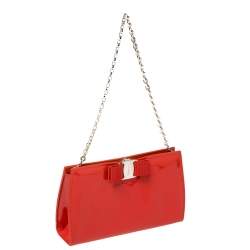 Pre Owned Salvatore Ferragamo Red Patent Vara Bow Chain Clutch