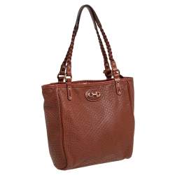Salvatore Ferragamo Brown Perforated Leather Braided Handle Tote