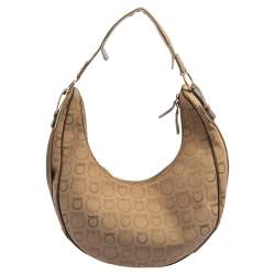 Pre Owned Salvatore Ferragamo Beige Signature Canvas and Leather Hobo