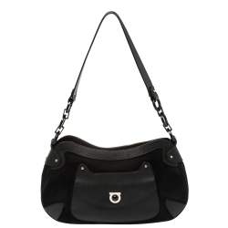 Pre Owned Salvatore Ferragamo Black Nubuck and Leather Front Pocket Hobo