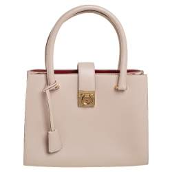 Pre Owned Salvatore Ferragamo Beige Leather Gancini Lock Tote
