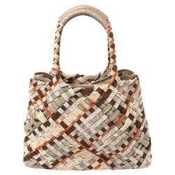Pre Owned Salvatore Ferragamo Multicolor Woven Fabric and Leather Grosgrain Ribbon Tote