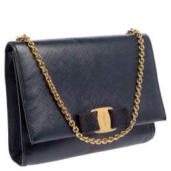 Pre Owned حقيبة كلتش سالفاتوري فيراغامو بفيونكة فارا جلد سافيانو أزرق