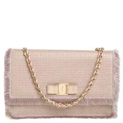 مملوكة مسبقًا Salvatore Ferragamo Beige Suede and Fabric Ginny Fringed Crossbody Bag